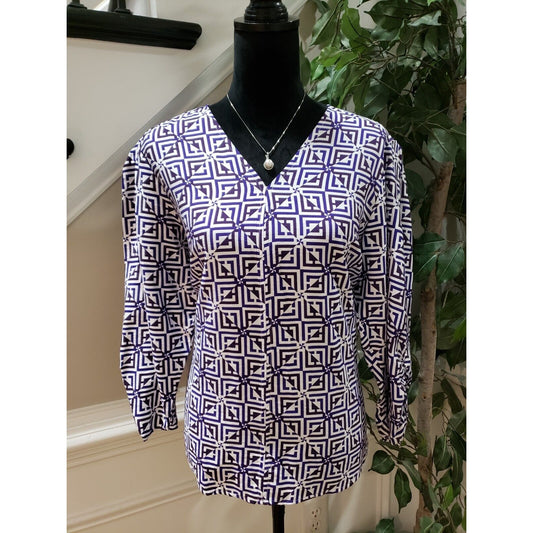 Liz Claiborne Women's Multi Geometric Rayon V Neck Long Sleeve Top Blouse Large