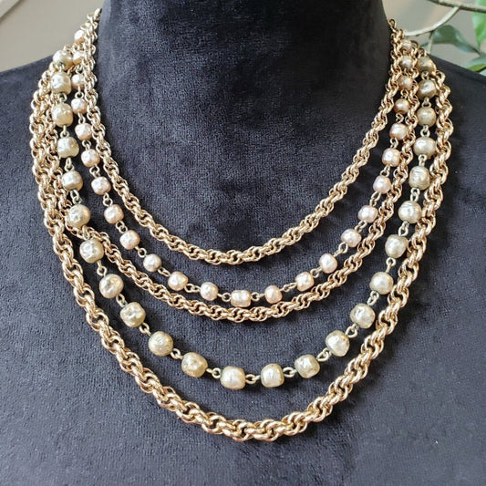 Women Fashion 3 Strand Gold Tone Faux Pearl Tri-Link Chain Necklace with Lobster
