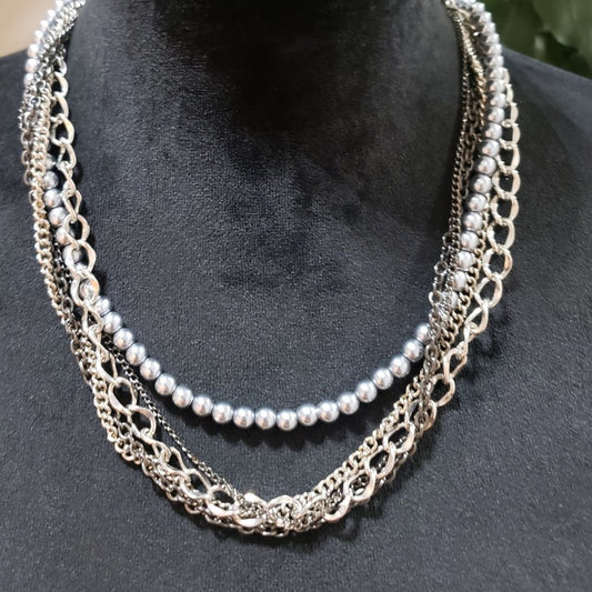 Womens Fashion Multi-Layered Silver Tone Chain Collar Necklace w/ Lobster Clasp