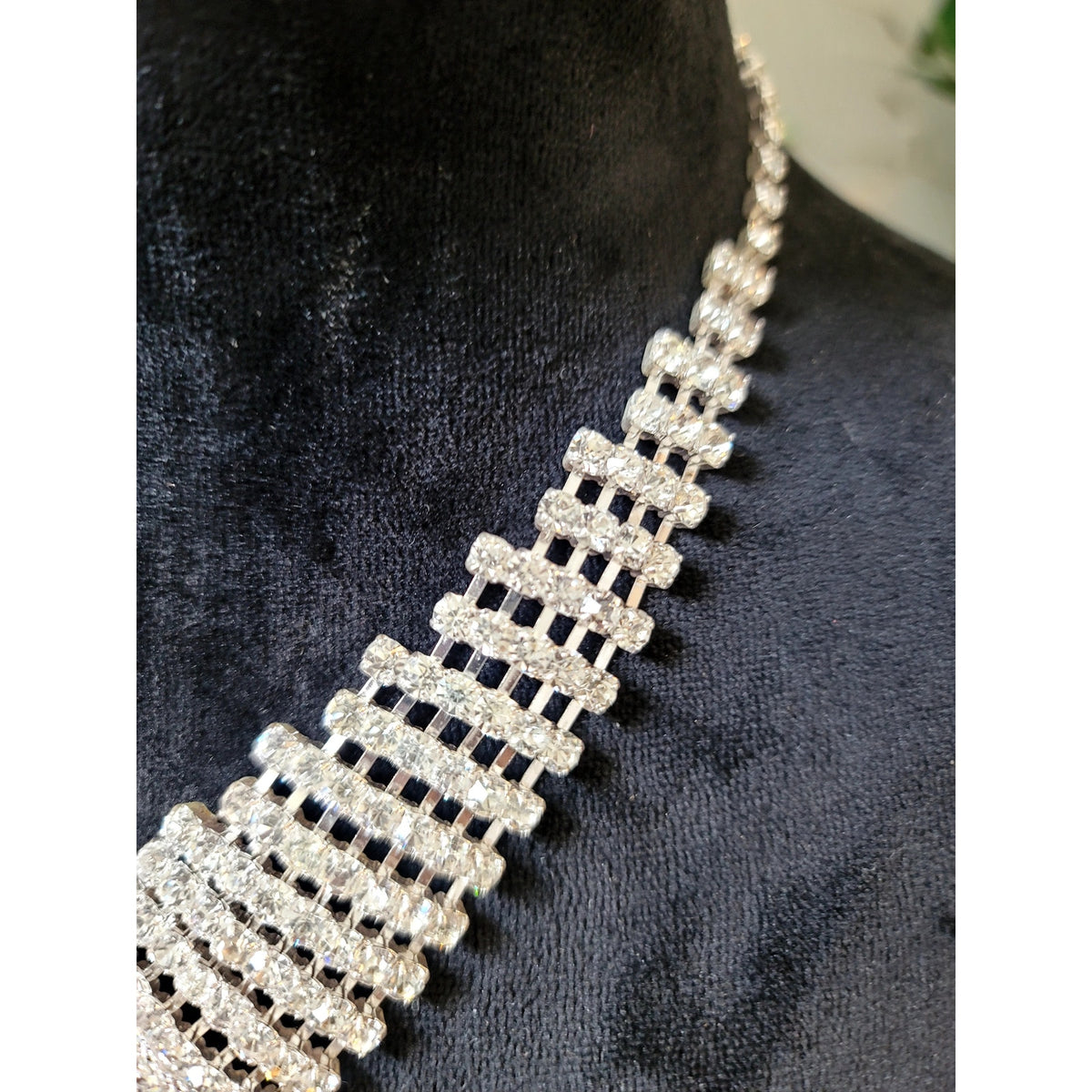 Vintage Rhinestone Statement Necklace & Earring Set Silver Tone Bridal Glam