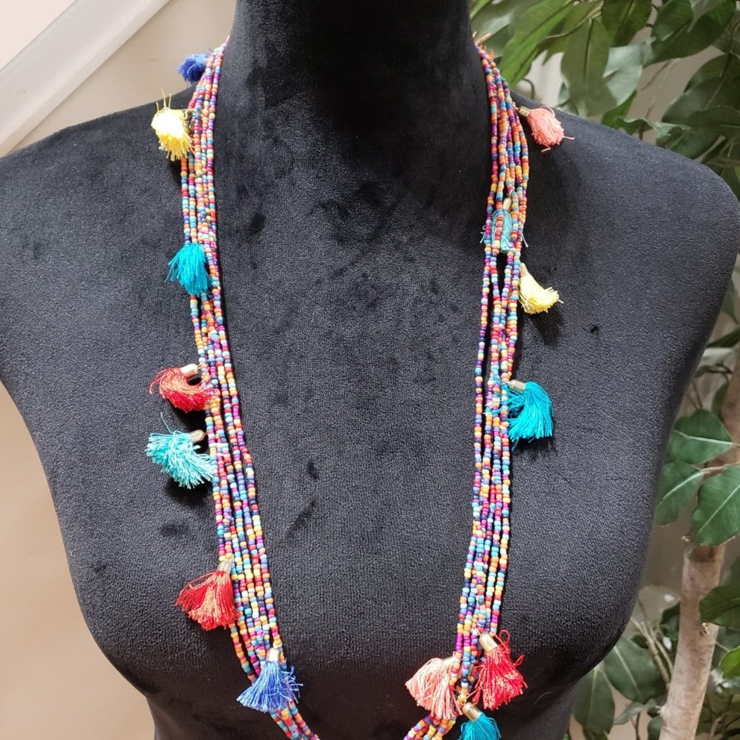 Womens Fashion Multicolor Woven Seed Bead 6 Strand Pendant Tassel Long Necklace