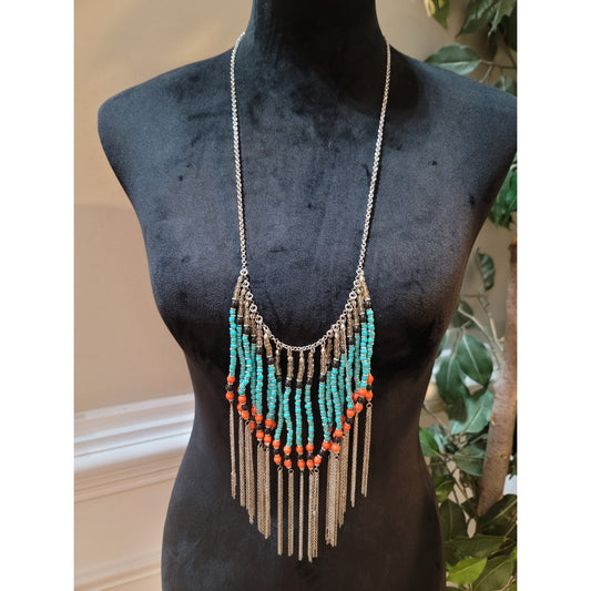 Womens Bohemian Beaded Statement Necklace With Turquoise Coral And Lobster Clasp