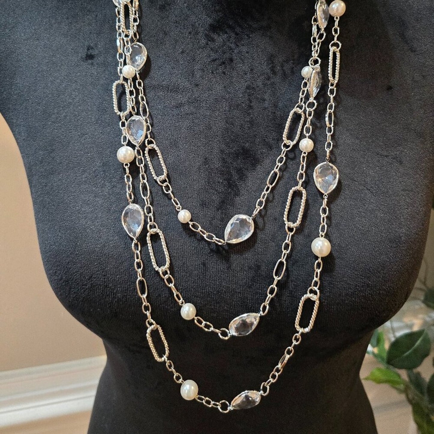 Women Fashion Silver White 3-Layer Chain Beaded Long Necklace with Lobster Clasp