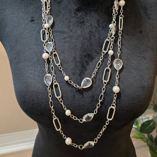 Women Fashion Silver White 3-Layer Chain Beaded Long Necklace with Lobster Clasp