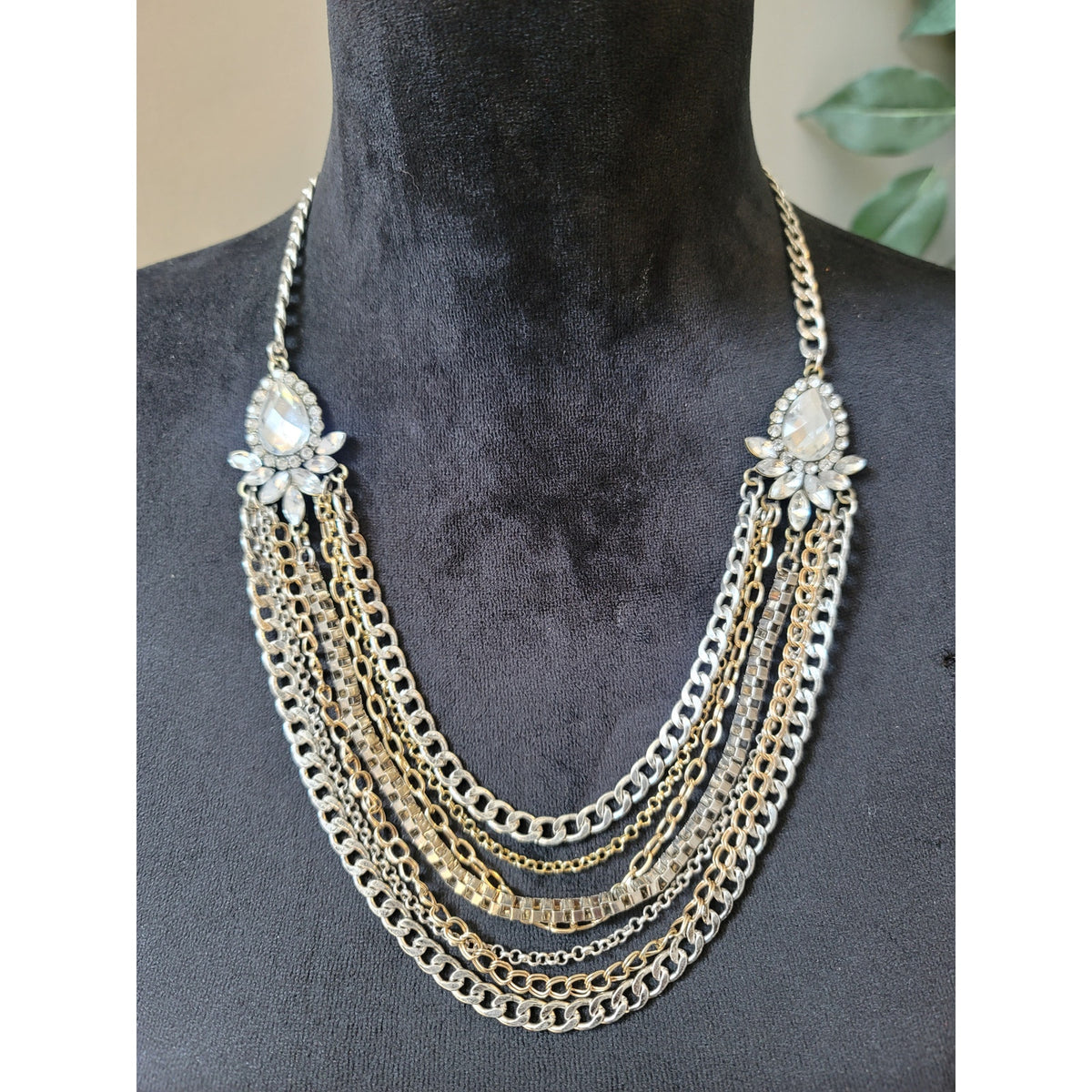 Women's Multi Layer Silver Chain Necklace With Lobster Clasp Lock And Crystals