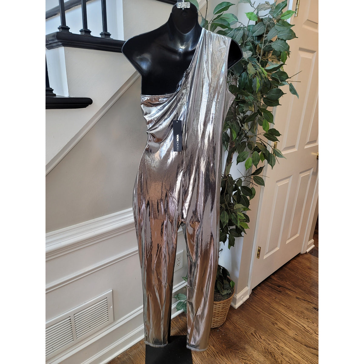 Fashion Nova One Shoulder Jumpsuit Women Large Metallic Silver Club Party Outfit