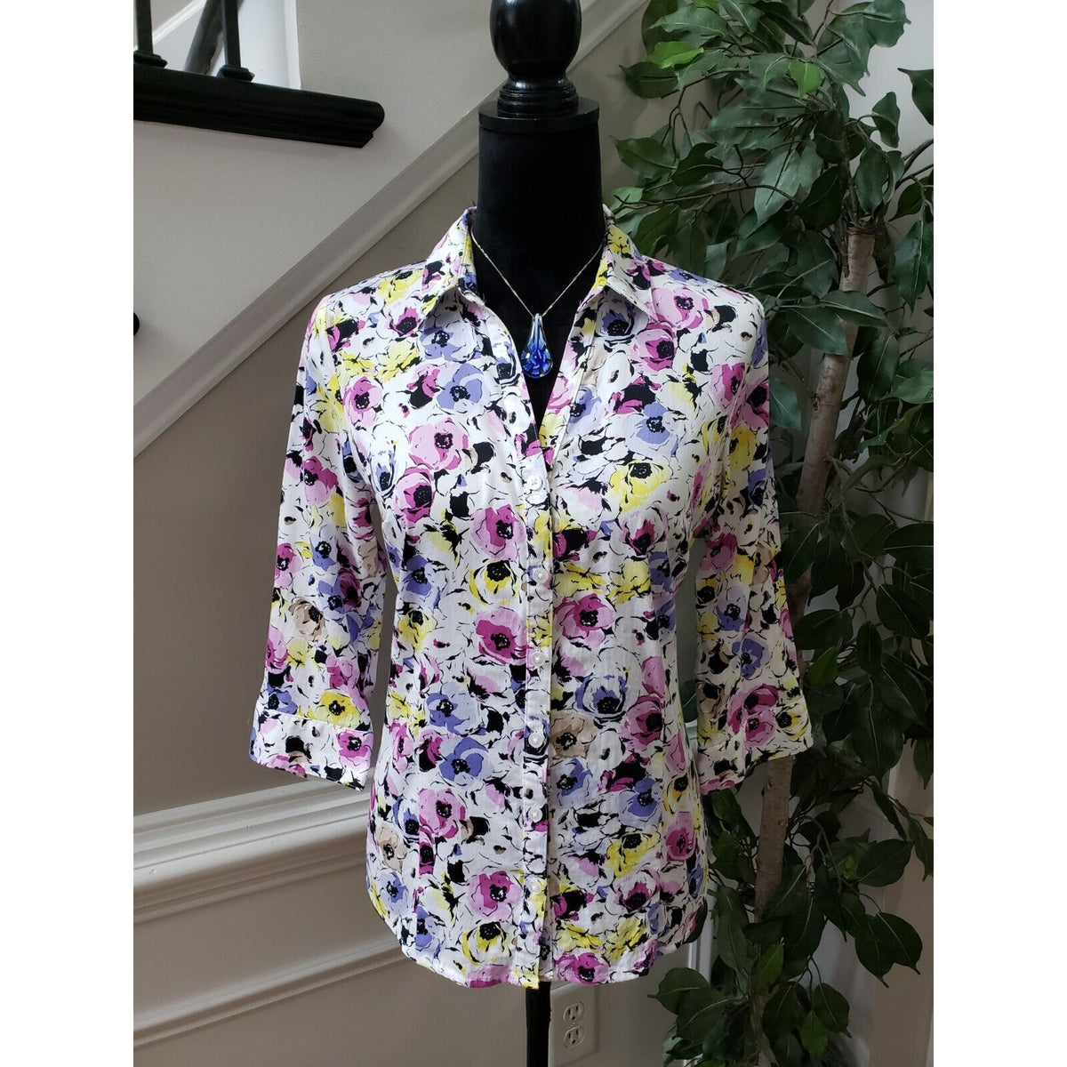 Dana Buchman Women's Multicolor Floral Collared Long Sleeve Button Down Shirt M