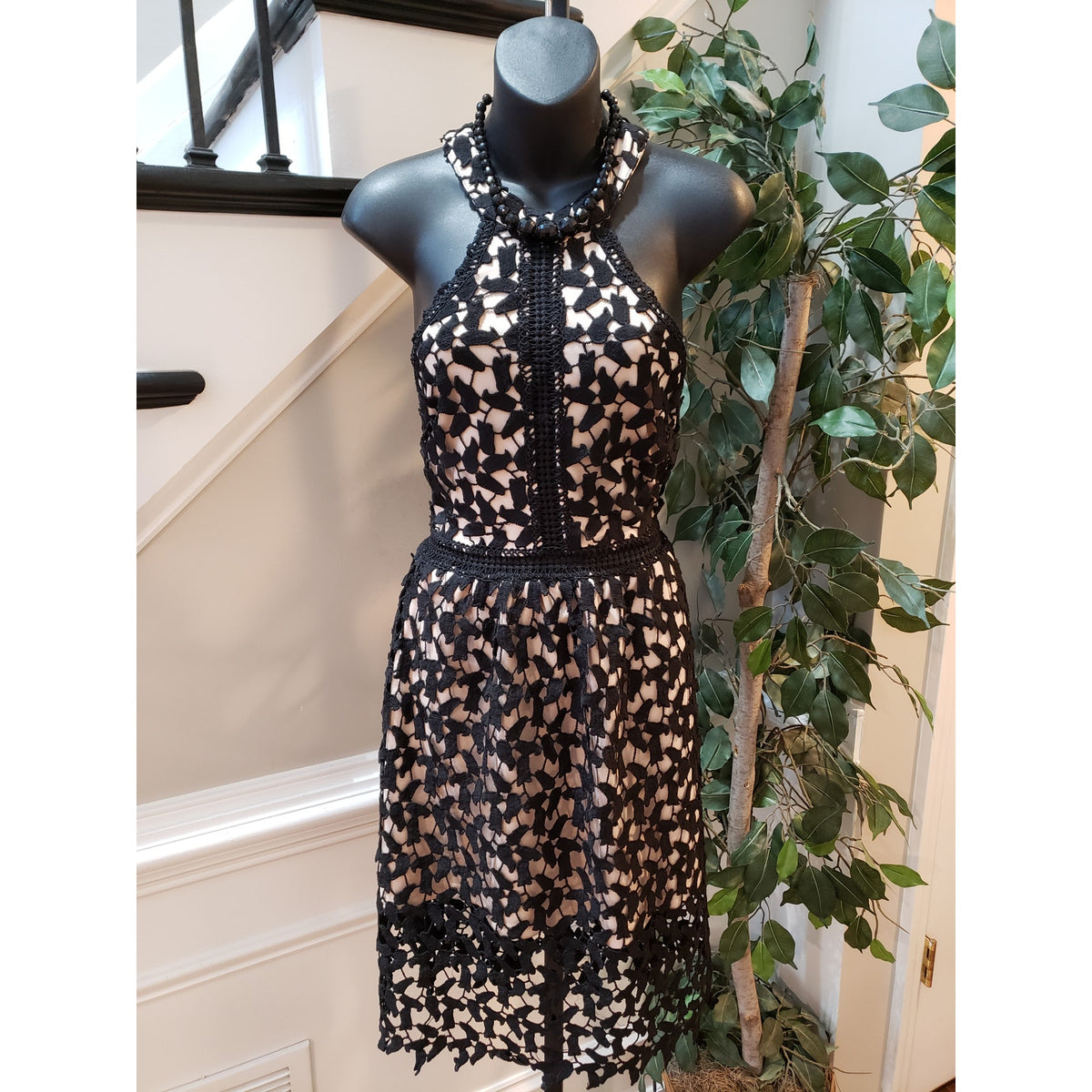 Depri A Line Dress Womens Large Beige Black Lace Overlay Halter Neck Racerback