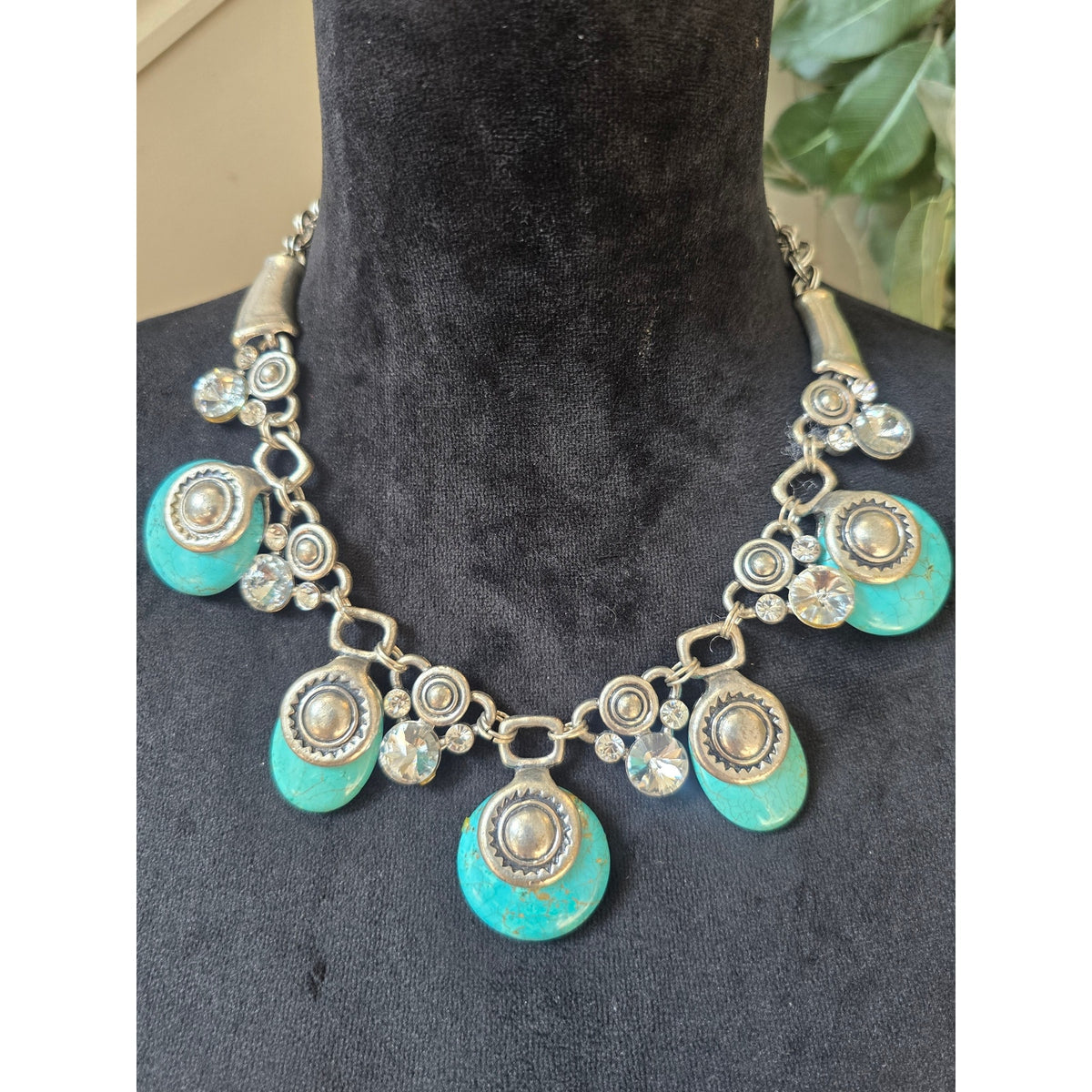 Turquoise Blue Medallion Charm Statement Necklace Silver Tone Boho