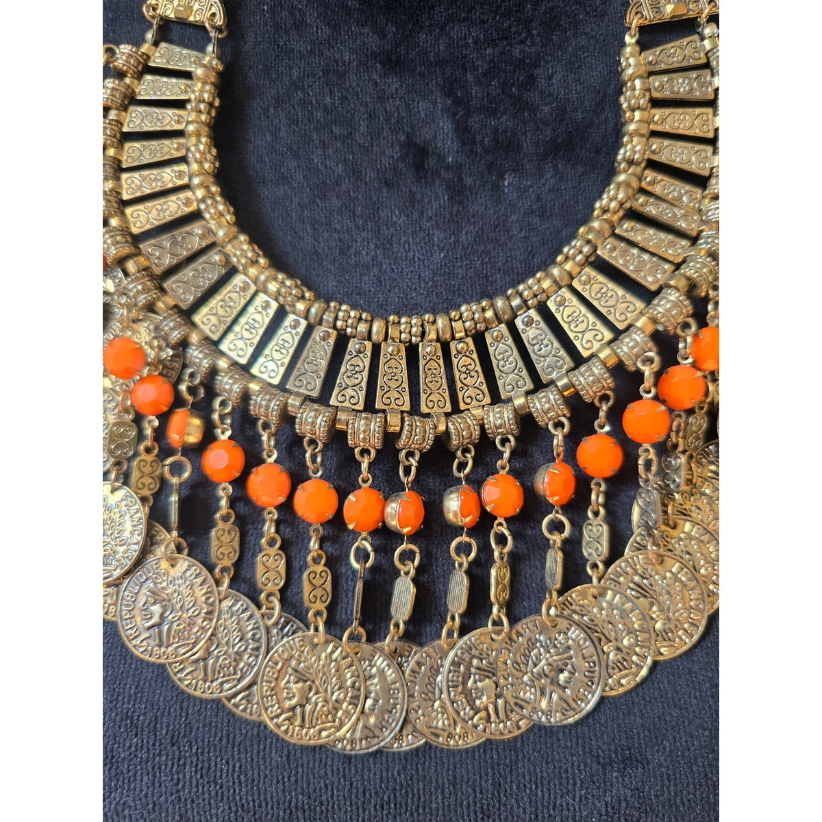 Lightweight Antique Gold Tone Orange Beaded Coin Bib Statement Necklace Boho