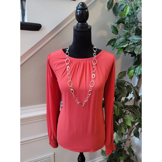 Loft Blouse S Red Ruched Boat Curved Hem Keyhole Back Bishop Sleeve Pullover