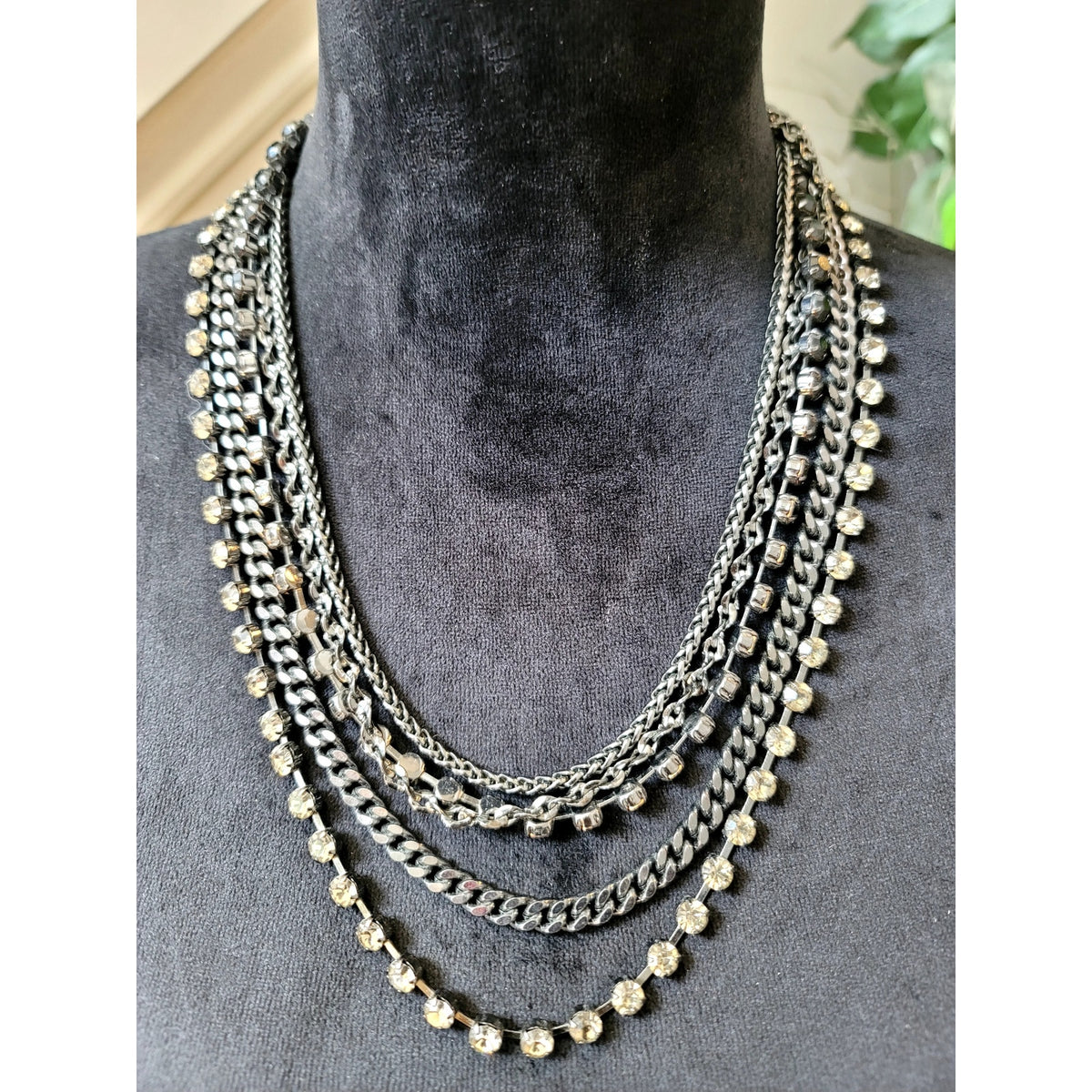 Gunmetal Multi-Strand Chain Necklace with Crystal Beads Layered Statement Bib