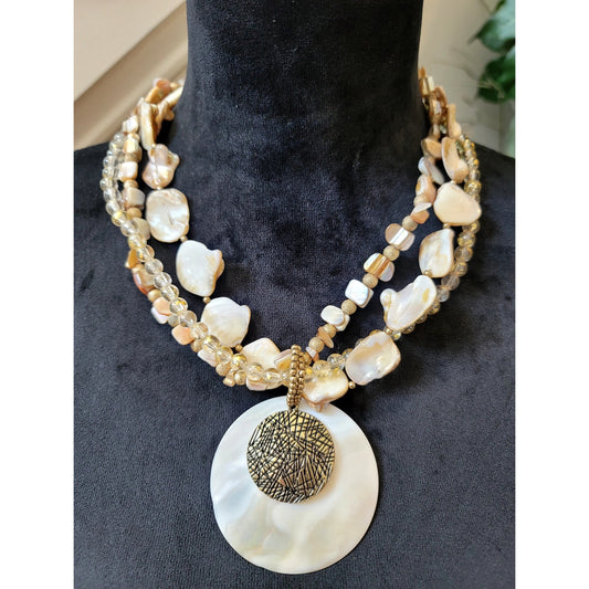 Vintage Multi Strand Mother of Pearl Pendant Necklace Gold Tone Statement Bib