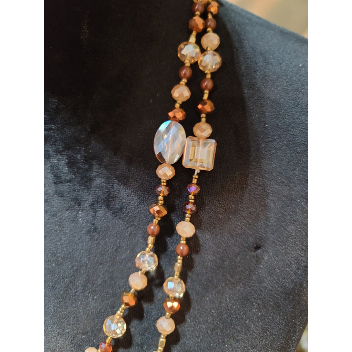 Women's Faceted Crystal and Brown Beaded Long Layered Necklace Jewelry