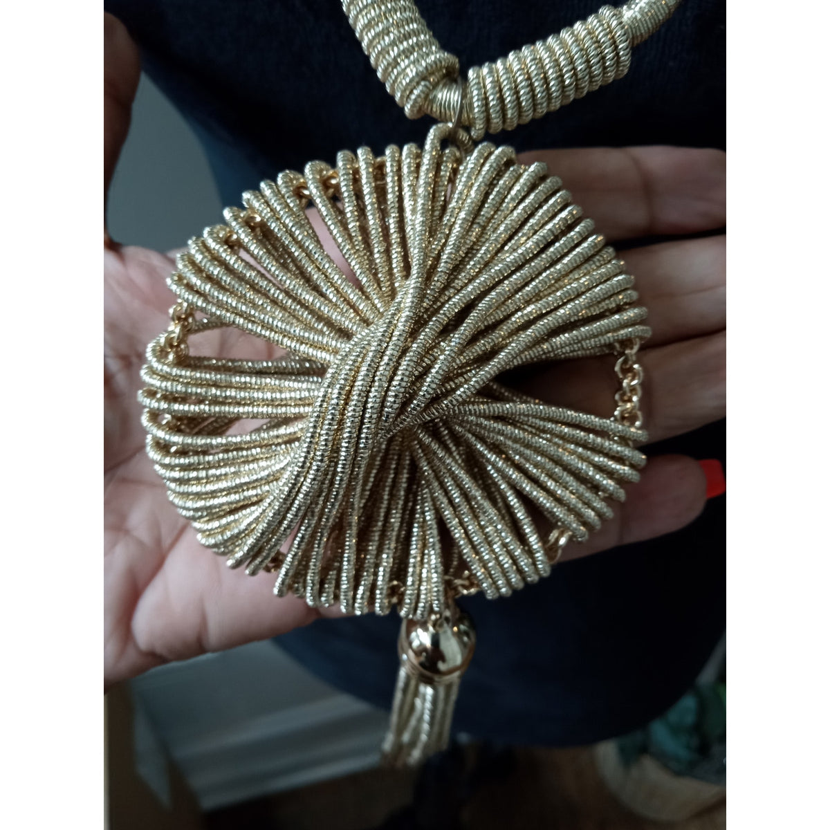 Long Gold Tone Necklace Textured Disc Pendant Chain Tassel Boho Statement