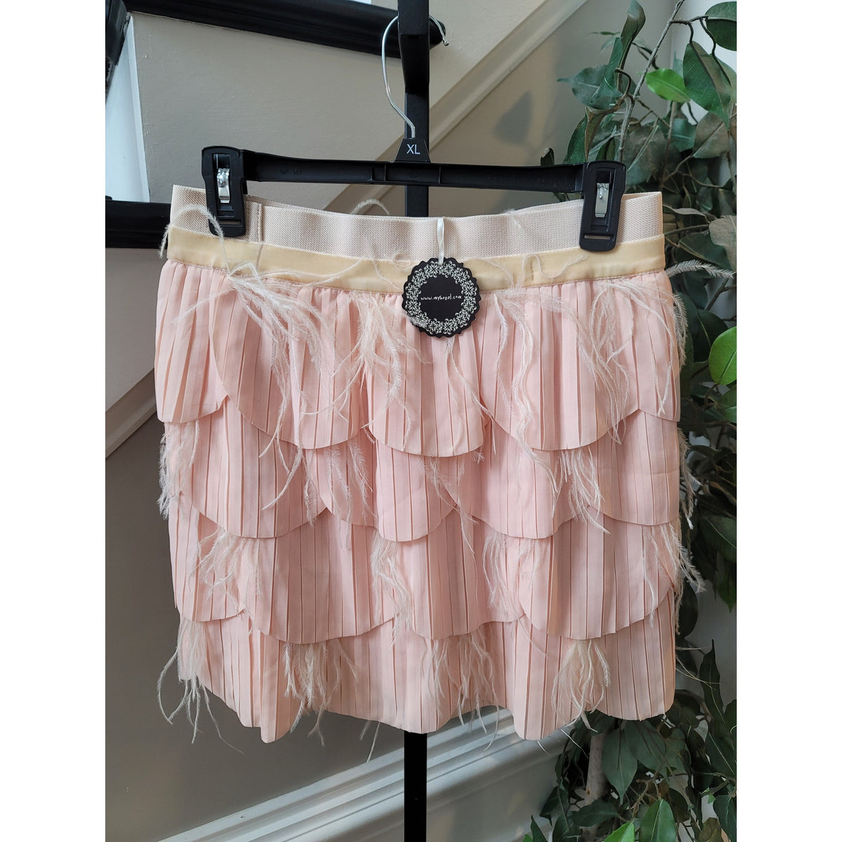 Hazel Mini Skirt Women's Large Pink Feather Fringe Pleated Ruffle Tiered Lined