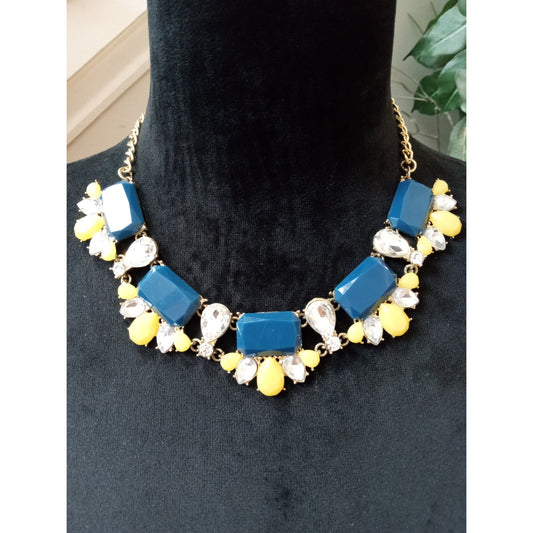 Blue Yellow Crystal Statement Necklace Gold Tone Rhinestone Bib Collar Necklace