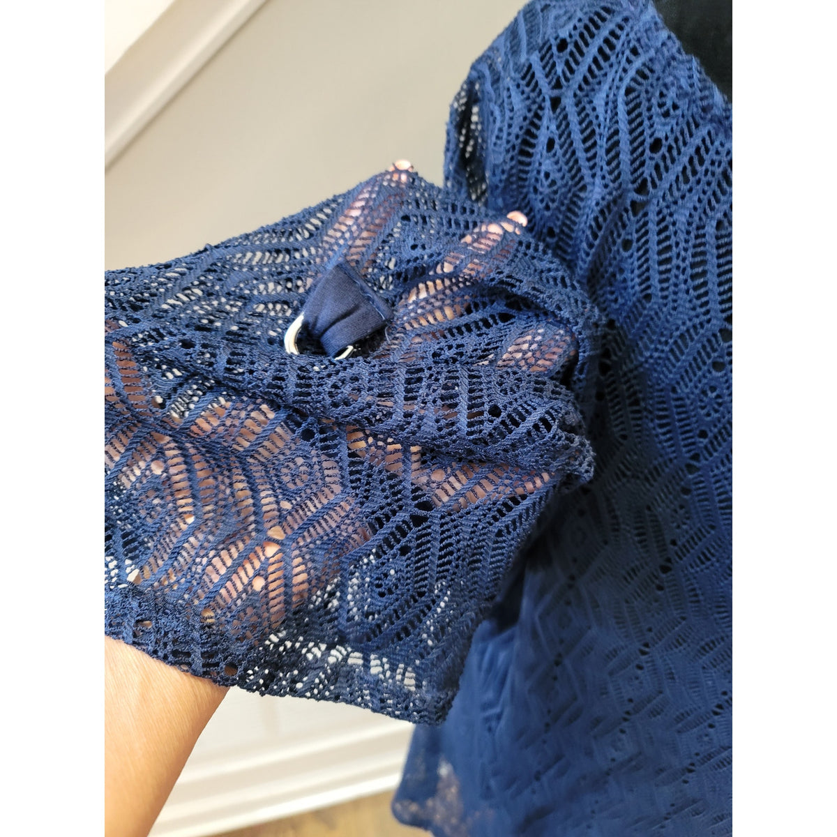 Cal Style Sheer Blouse Women's Size 3X-Large Navy Blue Boat Neck Long Sleeves