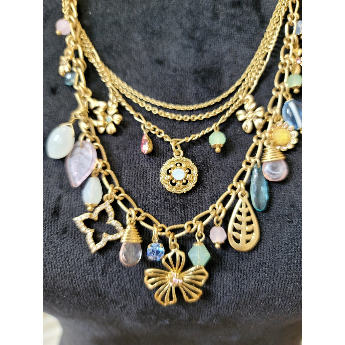 Gold Tone Multi Strand Charm Statement Necklace Butterfly Floral Boho Jewelry