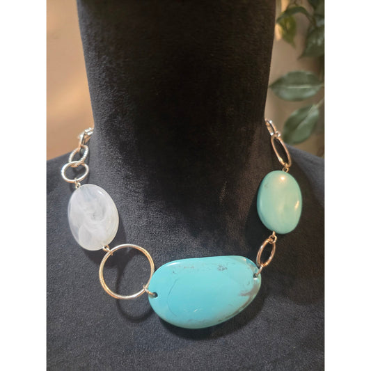 Women's Turquoise And White Stone Statement Necklace With Lobster Claw Clasp