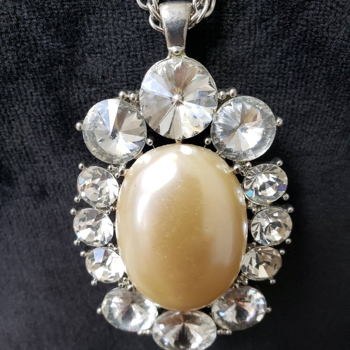 Traci Lynn Silver Tone Faux Pearl Rhinestone Pendant Necklace with Lobster Clasp