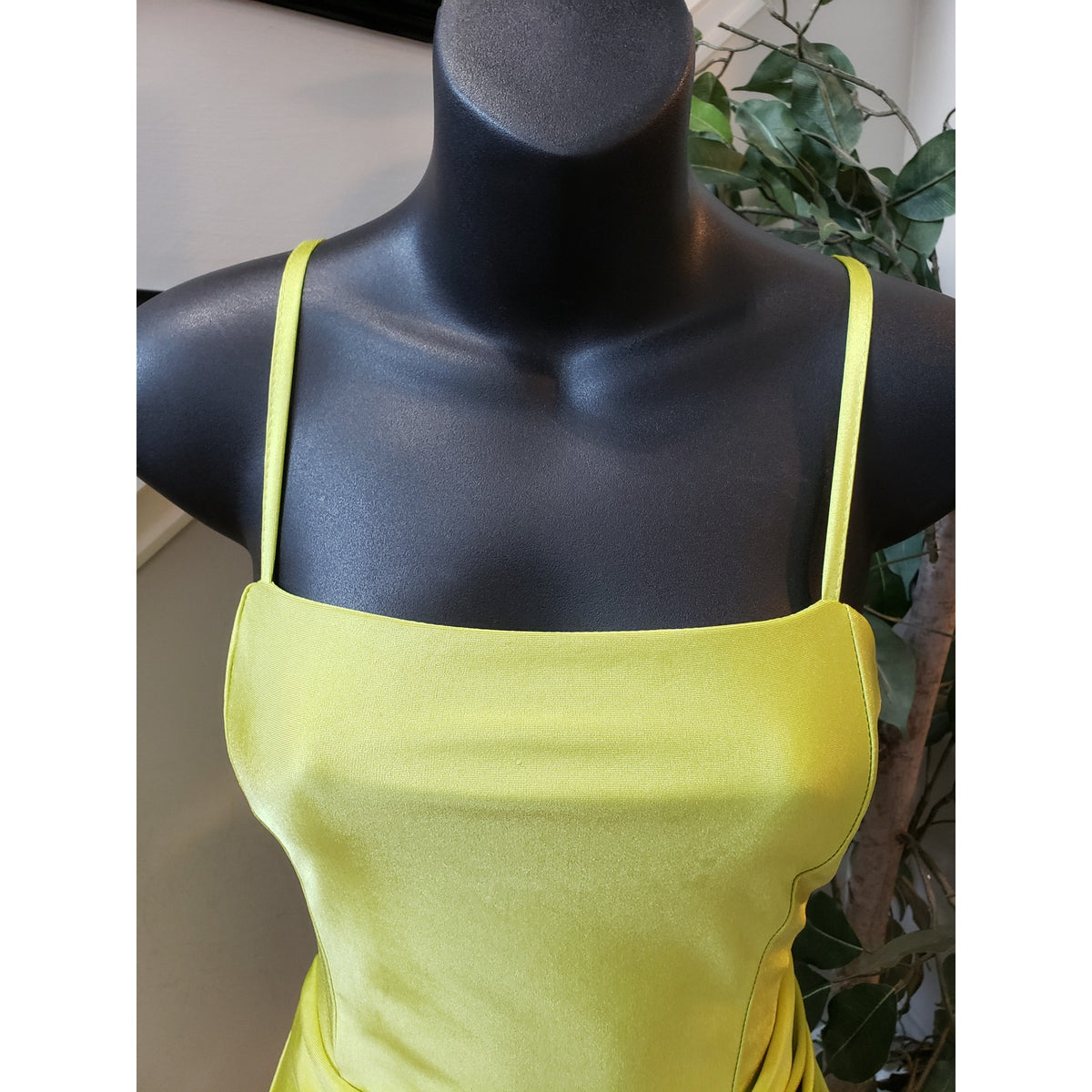 Blaishe Mini Bodycon Dress Womens Medium Lime Green Satin Faux Wrap Square Neck