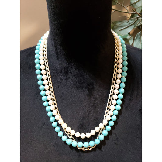 Womens Fashion 3 Strand Blue Ivory Faux Pearl Beaded Curb Chain Necklace Jewelry