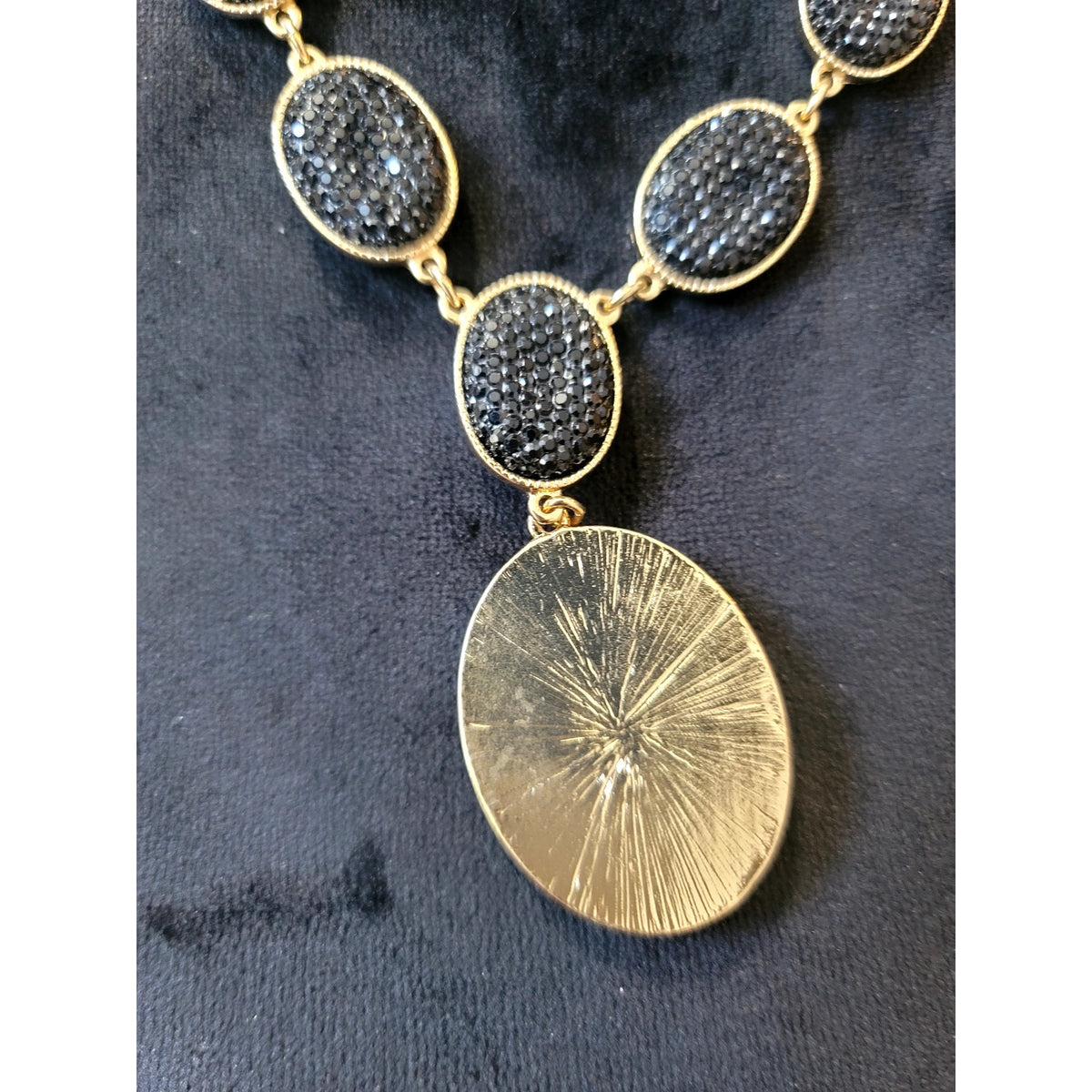 Vintage Black Crystal Statement Pendant Necklace Gold Tone Oval Pave Bib Collar