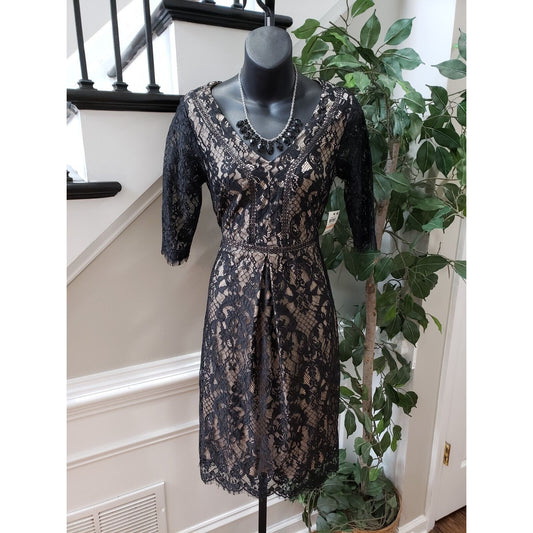 Thalia Sodi Women's Black & Beige Lace Floral Long Sleeve V-Neck Sheath Dress 2