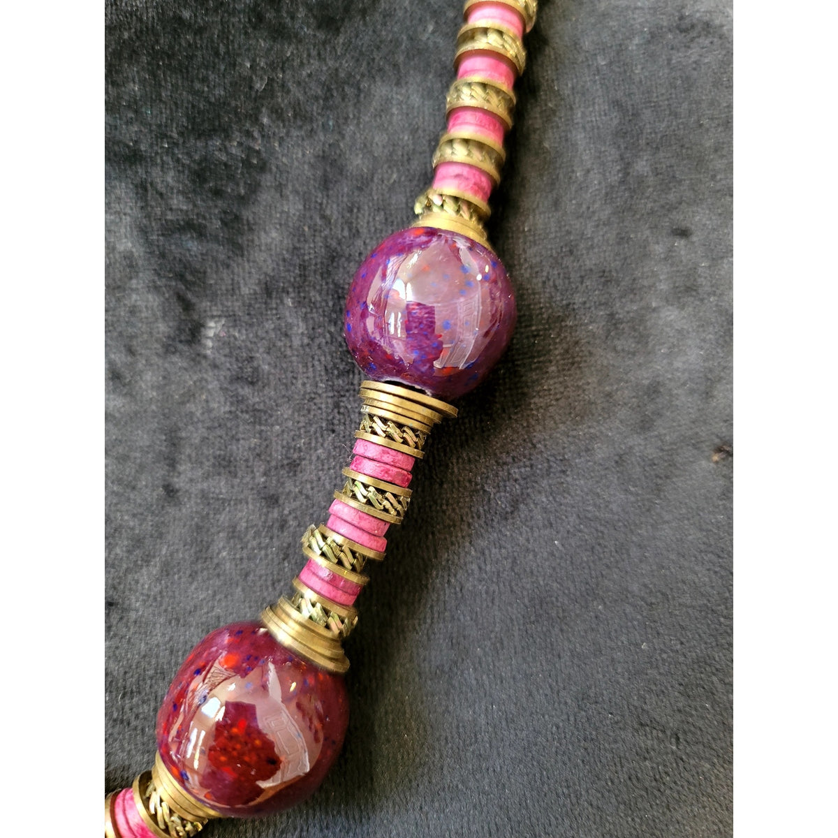 Purple Beaded Statement Necklace with Gold Tone Spacers Chunky Boho Jewelry