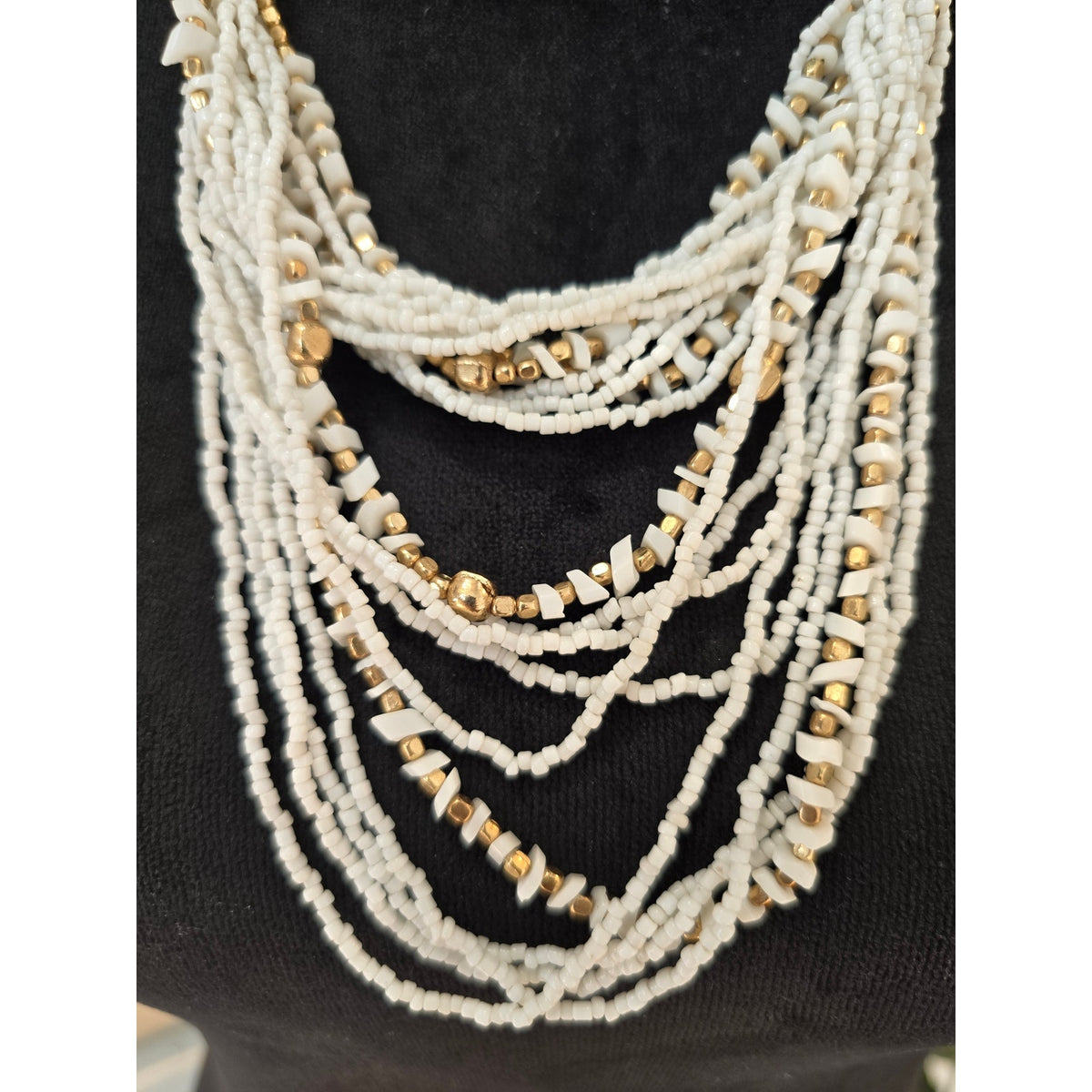 White Multi Strand Seed Bead Layered Statement Necklace Boho Jewelry