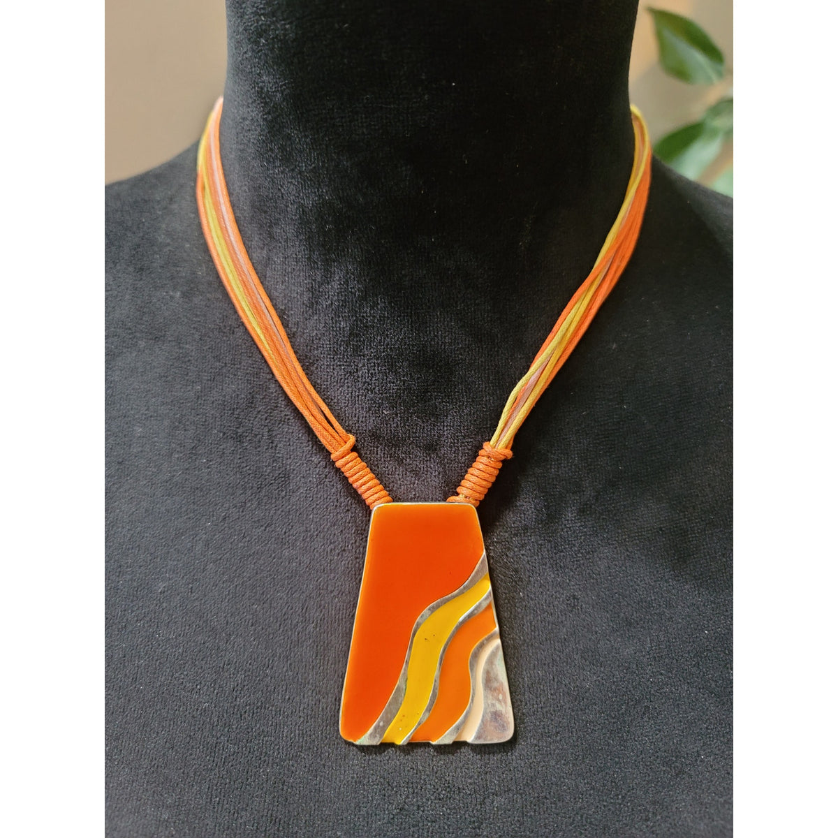Women Statement Necklace w Earring Set Orange Geometric Pendant Multistrand Cord