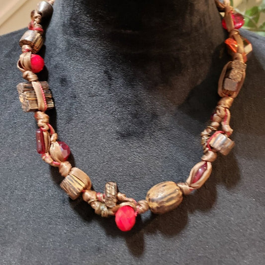Women Brown Ribbon Wrapped Wood & Crystel Bead Collar Necklace with S Hook Clasp