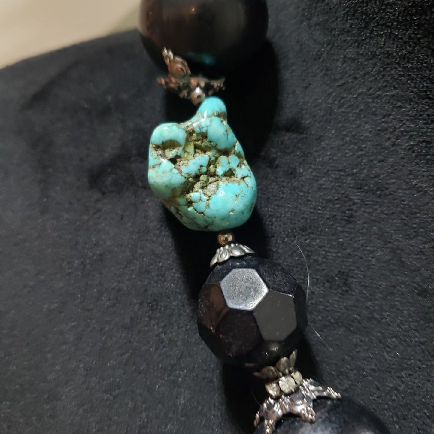 Womens Blue Black Turkey Turquoise Round Onyx Beads Gems Stone Necklace