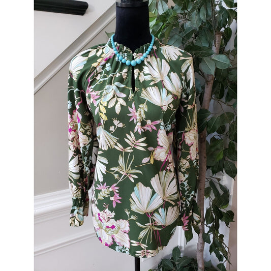 Kaari Blue Women's Green Floral Polyester V-Neck Long Sleeve Top Blouse Small
