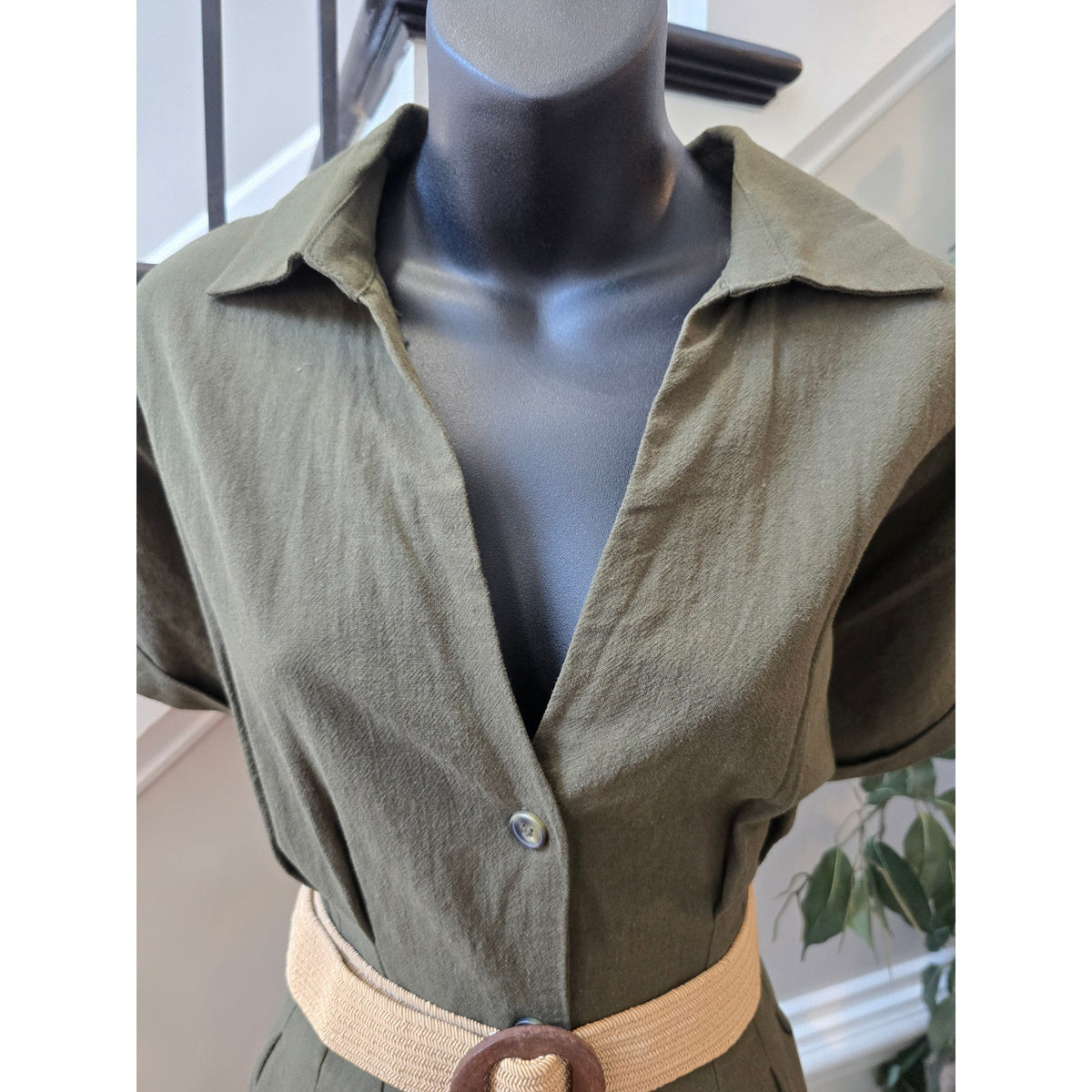 H&M Mini Shirt Dress Women's Small Olive Green Button Up Collar Pleated Back