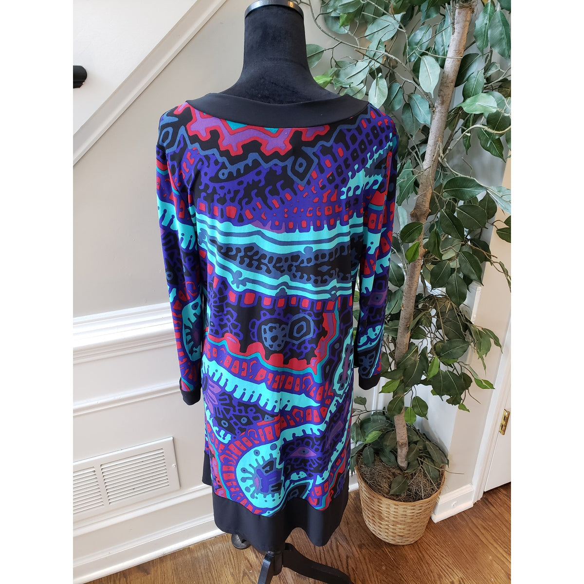 Kupcake Shift Dress Women's Size Large Blue Black Round Neck Long Sleeve