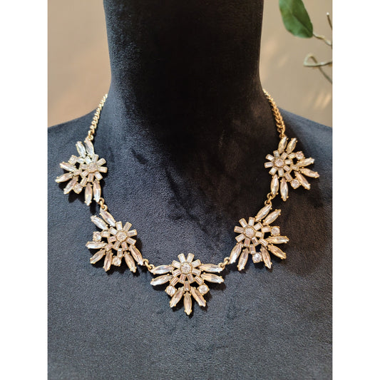 J Crew Crystal Flower Necklace with Golden Chain and Delicate Floral Design
