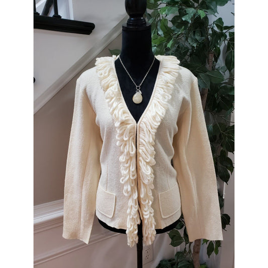 Vintage C.L.O.T.H.E.S. White Fringe 100% Wool Long Sleeve Hook & Eye Jacket XL