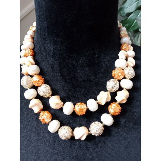 Vintage Double Strand Ivory Gold Beaded Statement Necklace Chunky Retro