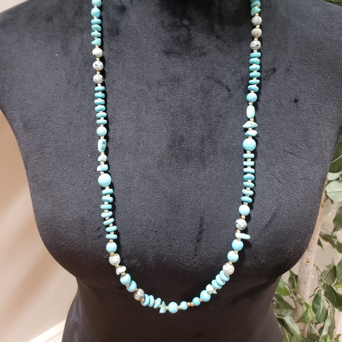Womens Fashion Blue Turquoise Stone Long Beaded Necklace with Lobster Clasp