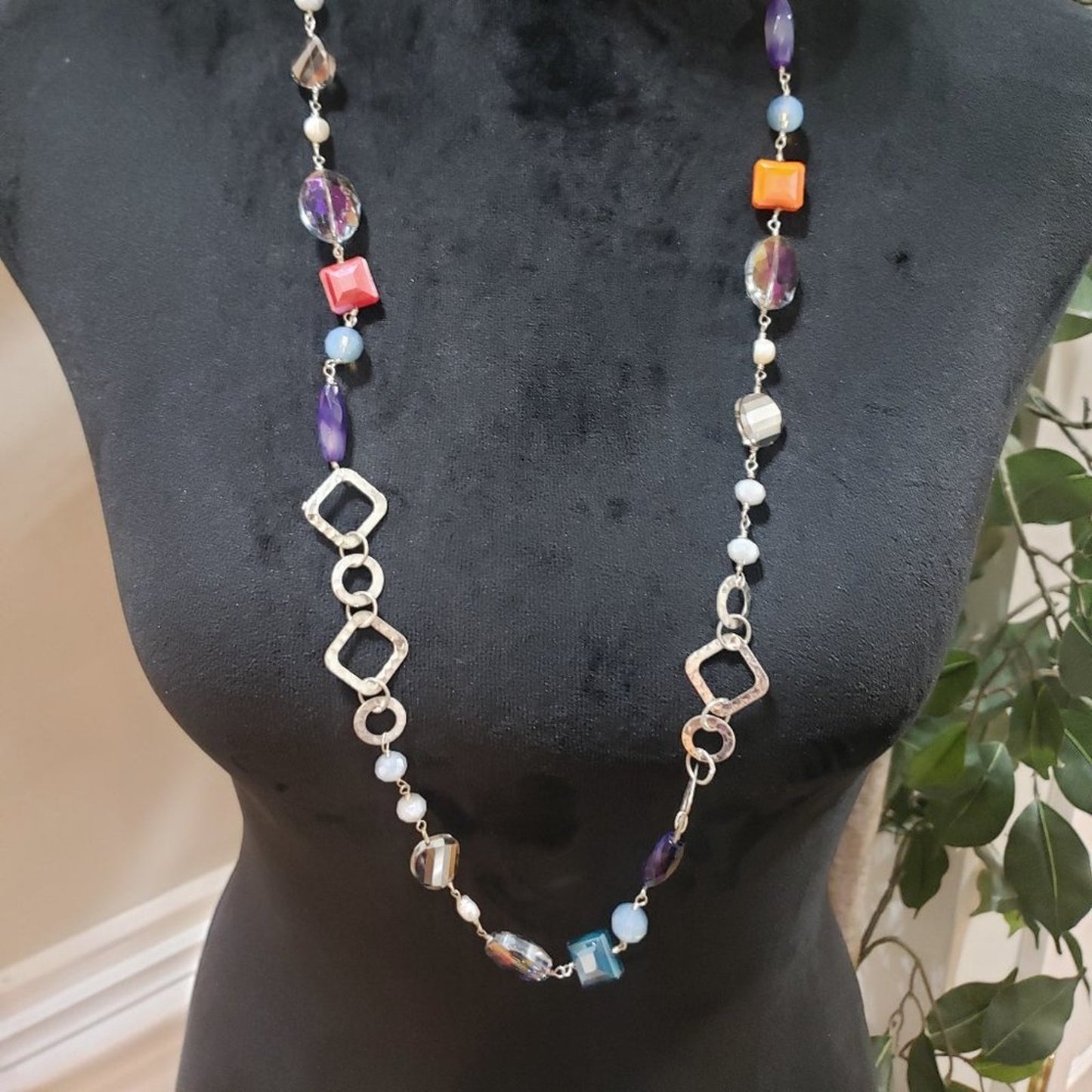 Women Fashion Silver Tone Beaded Multi Rhinestones Fascination Long Necklace