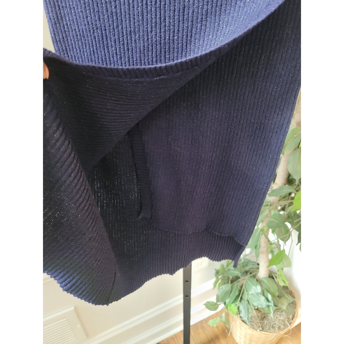 Aqua Pencil Skirt Women's Small Navy Glitter Ribbed Wrap-Front Slit Stretch