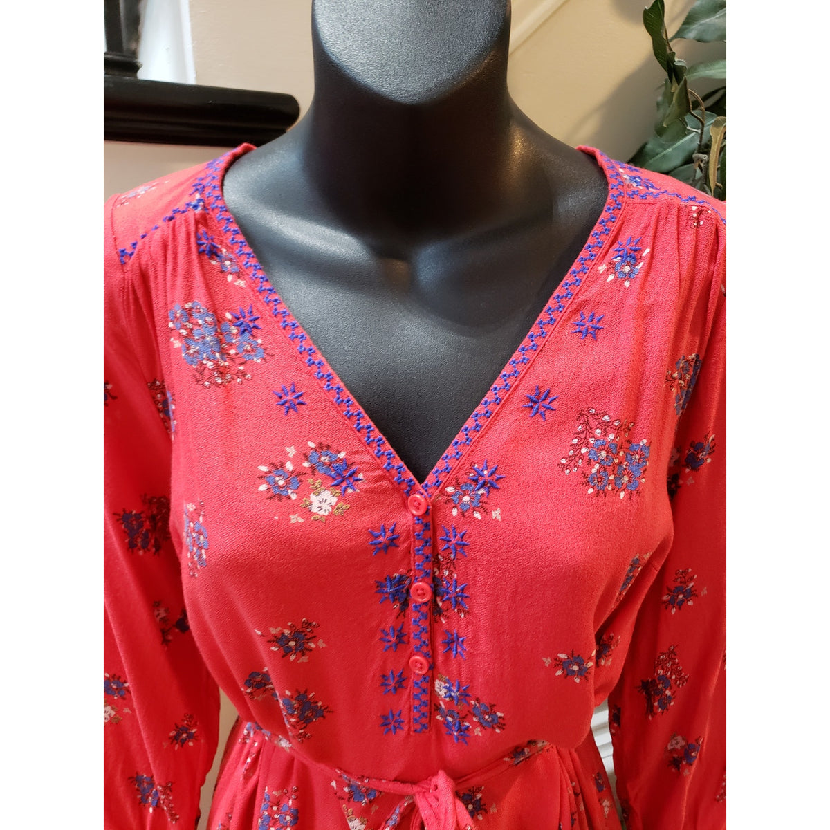 Old Navy Dress Maternity Women XS Red Rayon Floral Belted V-Neck Sleeve Lined