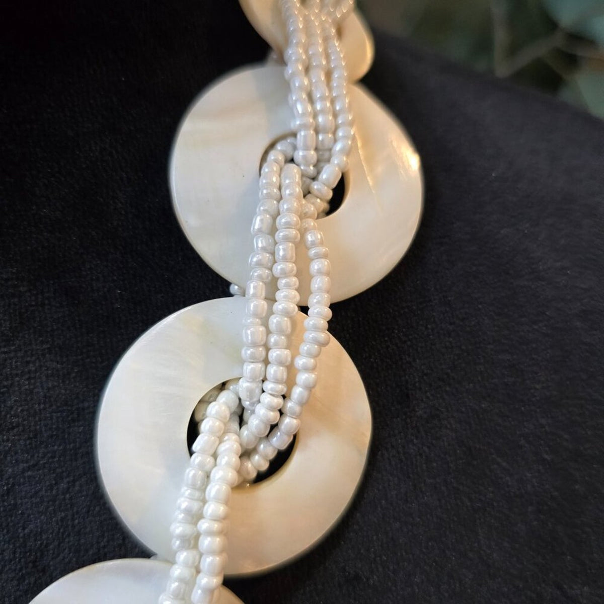 Women White Discs and Braided Seed Bead Multi-Strand Necklace with Lobster Clasp