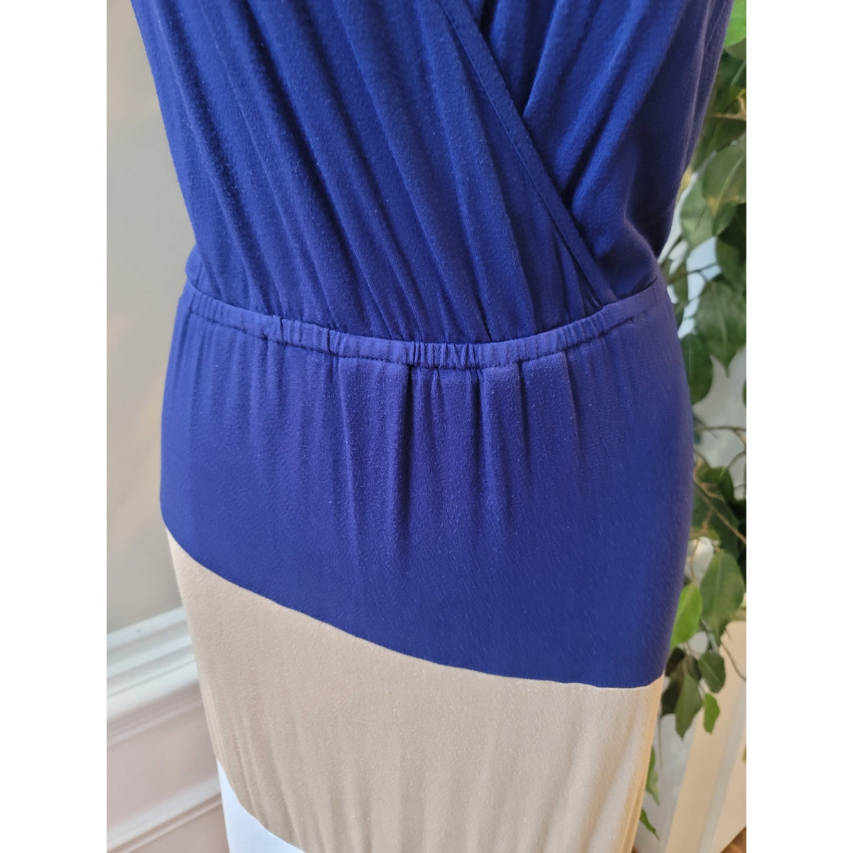 Spense Maxi Dress Women's 1X Navy Striped Stretch Pleated Wrap V-Neck High-Low