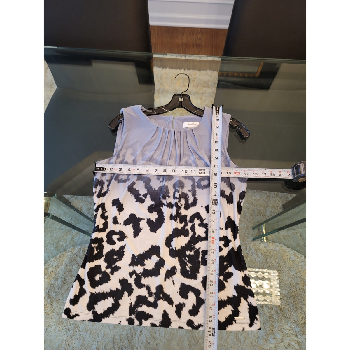 Calvin Klein Blouse Top Womens Small White/Black Animal Print Pleated Round Neck