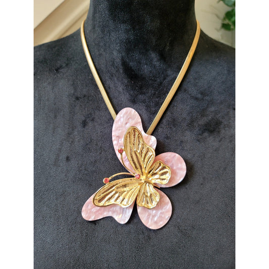 Pink Butterfly Pendant Necklace Gold Tone Snake Chain Statement Fashion Jewelry