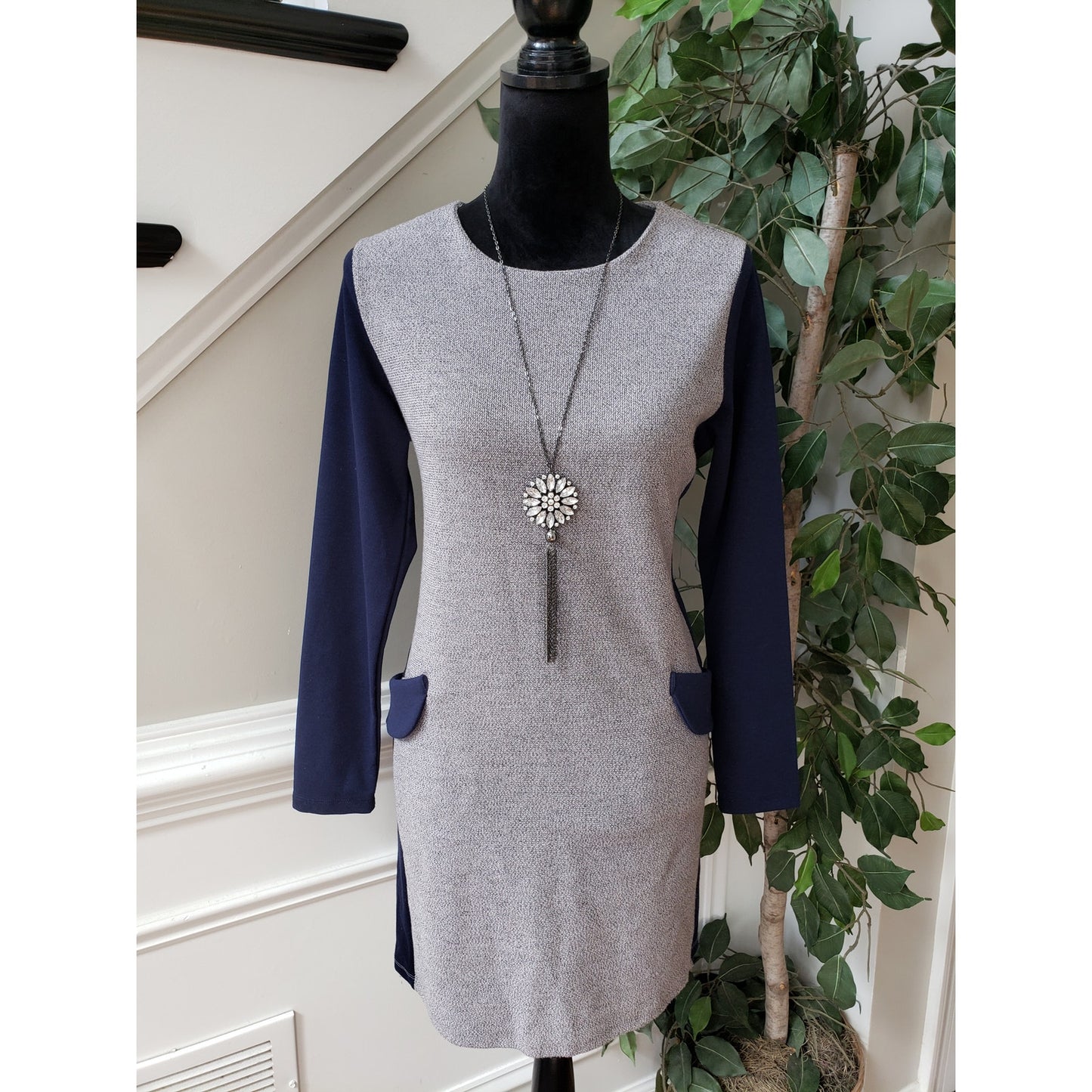 Dodry Sweater Dress Womens Medium Gray Blue Knit Long Sleeve Round Neck Pullover