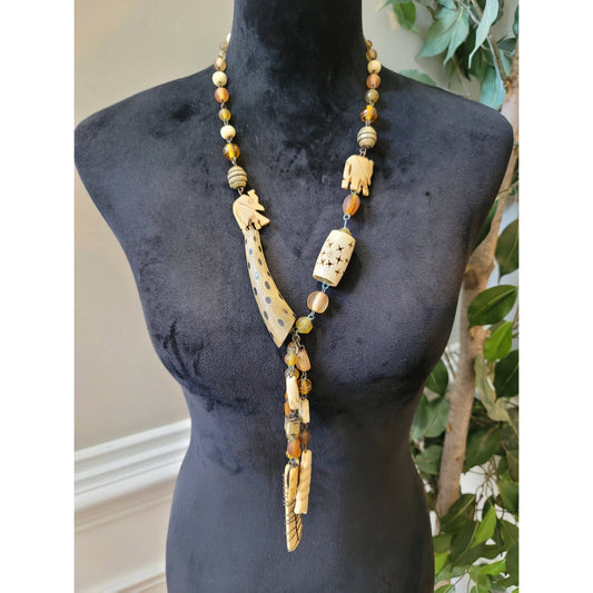 Women's Tribal Carved Animal Bead Necklace Handmade Beaded Long Boho Jewelry